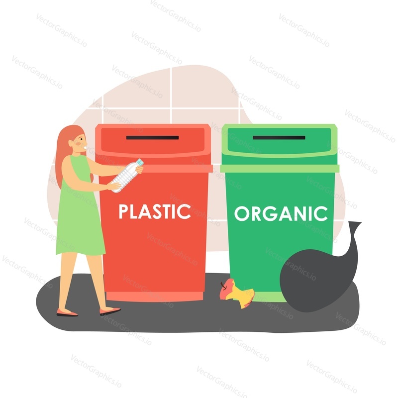 Пластиковые и органические мусорные баки для вторичной переработки. Женщина, эколог, бросающая пластиковую бутылку в красное мусорное ведро, плоская векторная иллюстрация. Сортировка мусора для вторичной переработки, управление отходами, защита окружающей среды.