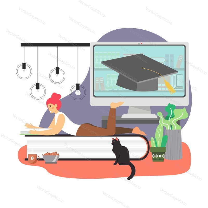 Girl reading lying on book at home, computer with graduation hat, flat vector illustration. Young woman, student studying online, preparing for exams. Knowledge and distance learning, online education