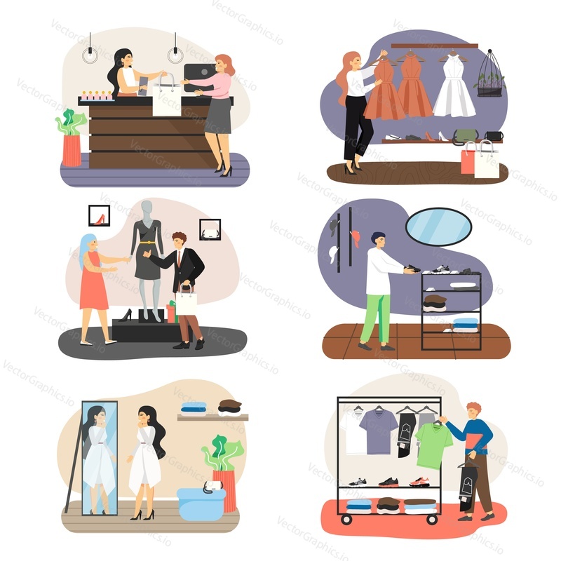Retail clothing store set, vector flat illustration. Male and female characters shopping for clothes and shoes in fashion boutiques. Men and women fashion shop interior with buyers and shop assistants