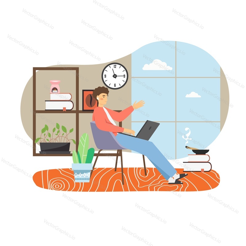 Young man, freelancer working on laptop computer from home in comfortable living room sitting on chair, flat vector illustration. Freelance, remote work, home office workspace.