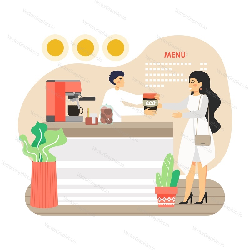 Woman, ecologist buying coffee in her own reusable cup in eco friendly coffee shop, flat vector illustration. Eco friendly cafe, zero waste, save environment, ecology concept.