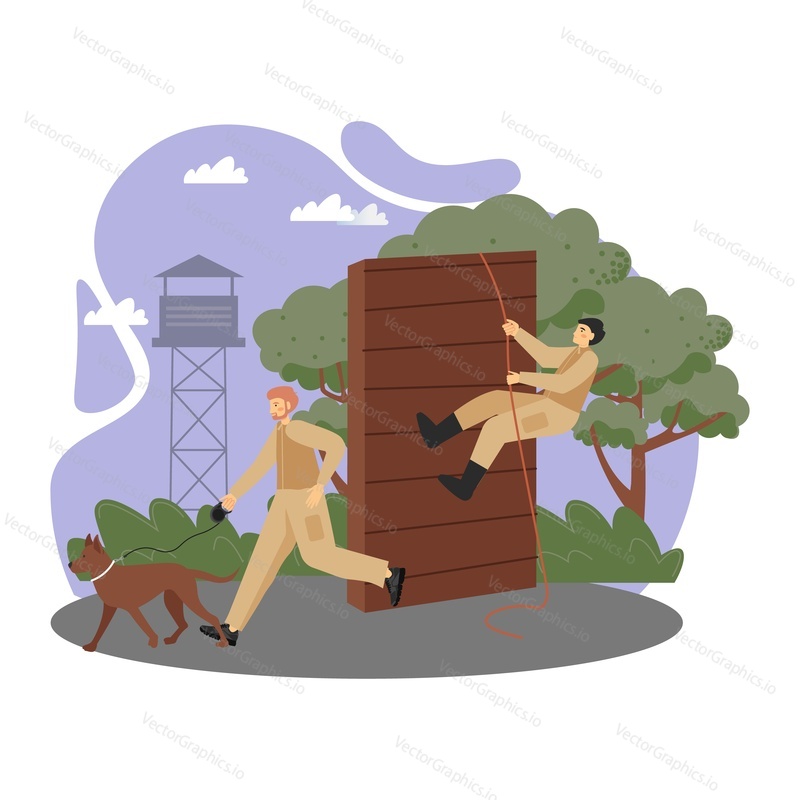 Military training composition flat vector isolated illustration. Army soldiers male cartoon characters with trained guard dog, climbing over obstacle. Military dog training, obstacle course, boot camp