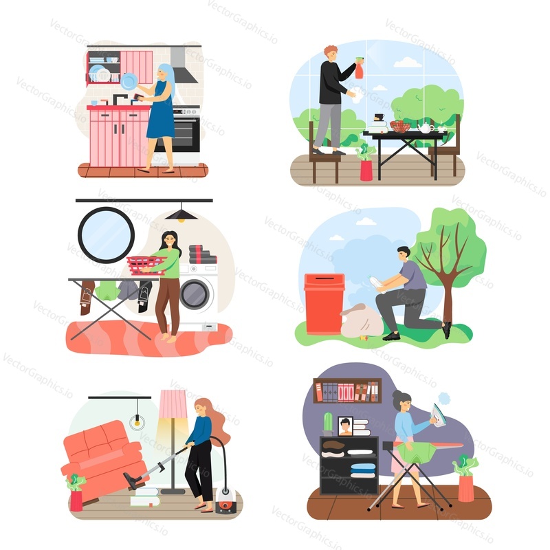 Cleaning company staff cleaner lady, trash collector man with house cleaning equipment, flat vector isolated illustration. Window washing, laundry, ironing, vacuuming, garbage collection, dishwashing.