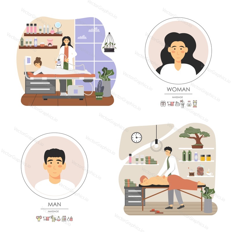 Massage therapist, male female character set, flat vector isolated illustration. People getting lpg and back massage. Beauty and body treatment in spa salon, wellness center, beauty and medical clinic