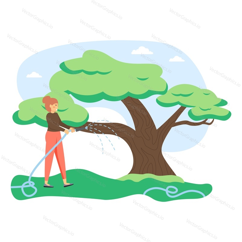 Young woman, gardener watering tree with water hose, flat vector illustration. Gardening, agriculture, garden care and maintenance service.