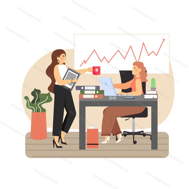 Office scene with modern workplace, two business women colleagues taking coffee break and talking to each other, vector flat illustration. Work schedule, lunch time, office situation, time management.