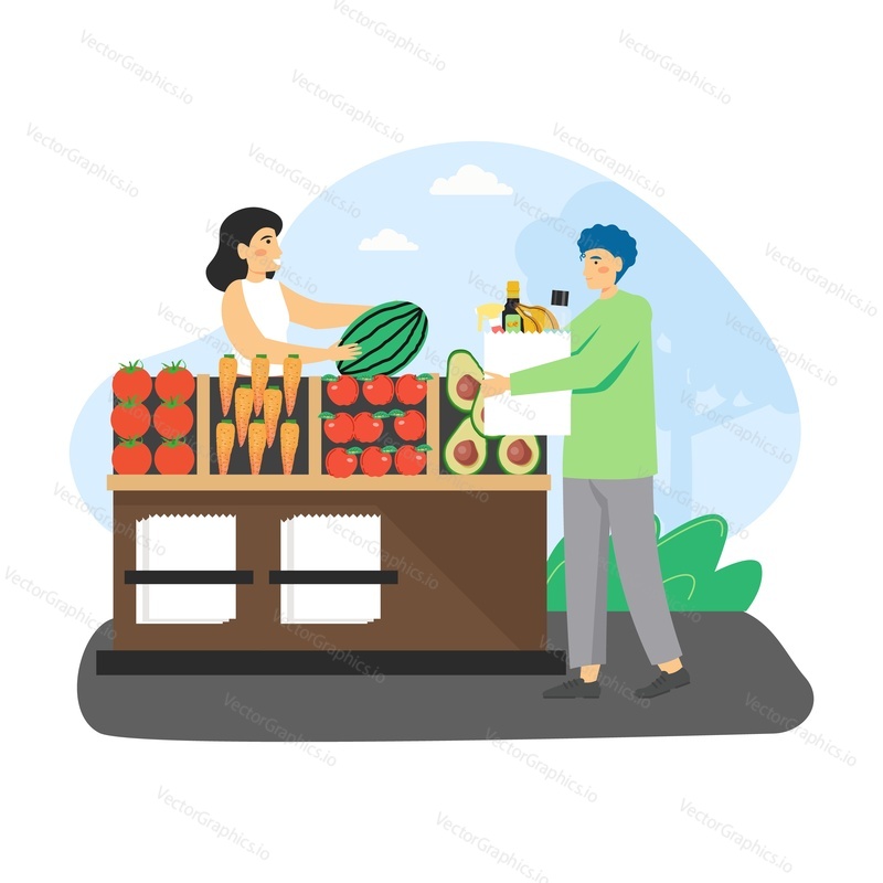 Local food market. Man, ecologist buying organic fruits and vegetables at farmers market, flat vector illustration. Eco farm products, fresh natural foods.