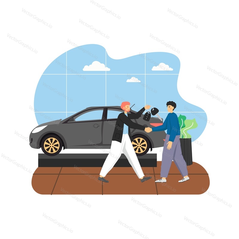 Car showroom with new car and two male characters auto dealer and buyer, flat vector illustration. Salesman giving keys to happy man automobile owner. Sale, buy or car rental, auto dealers services.