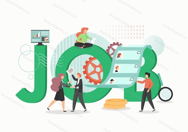 Job concept vector flat design illustration. HR agency managers cartoon characters choosing best job candidate. Recruitment, hiring, employment process. HR management concept.