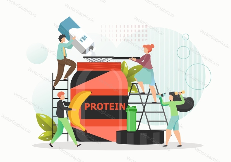 Tiny male, female characters making whey protein powder for building muscle, weight loss, flat vector illustration. Gym food supplements for athletes, bodybuilders. Fitness industry, sport nutrition.