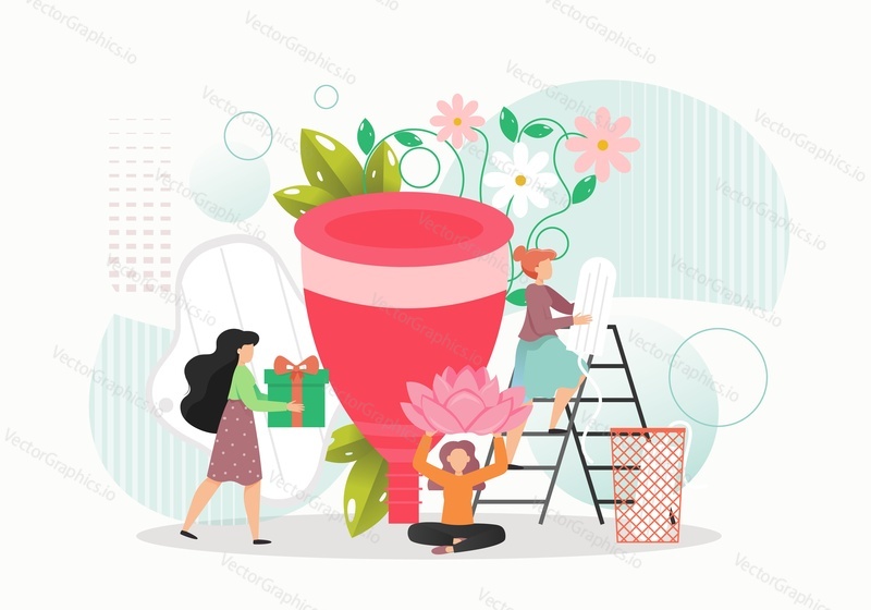 Tampons, pads sanitary napkins and menstrual cup or bowl, tiny female characters, flat vector illustration. Menstrual period feminine hygiene products and devices.