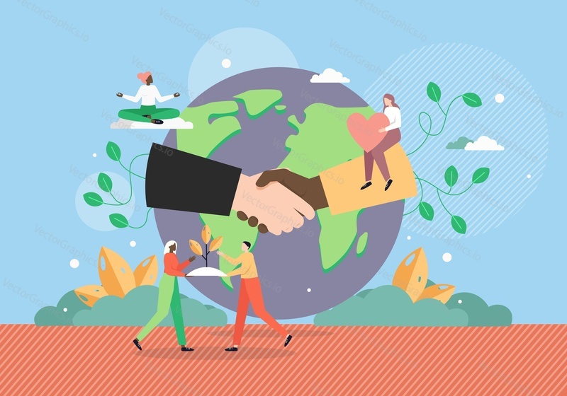Planet Earth globe with multiracial handshake, tiny characters with heart, sprout, flat vector illustration. International Peace Day, stop racism, world peace, global partnership, planet care.