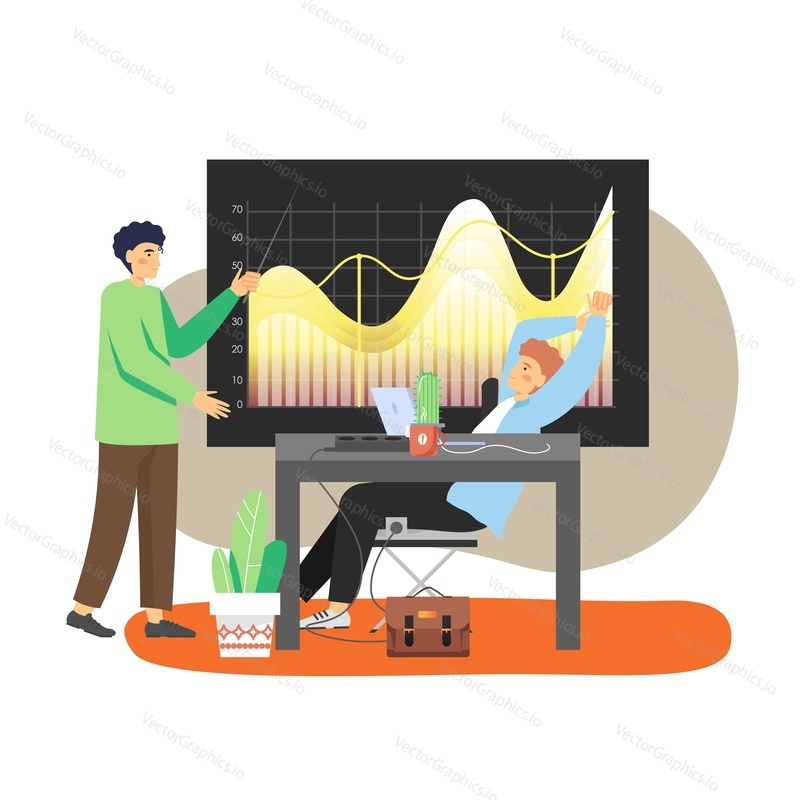 Office scene with modern workplace, two business men colleagues analysing chart, flat vector illustration. Office work, workflow, business analysis.
