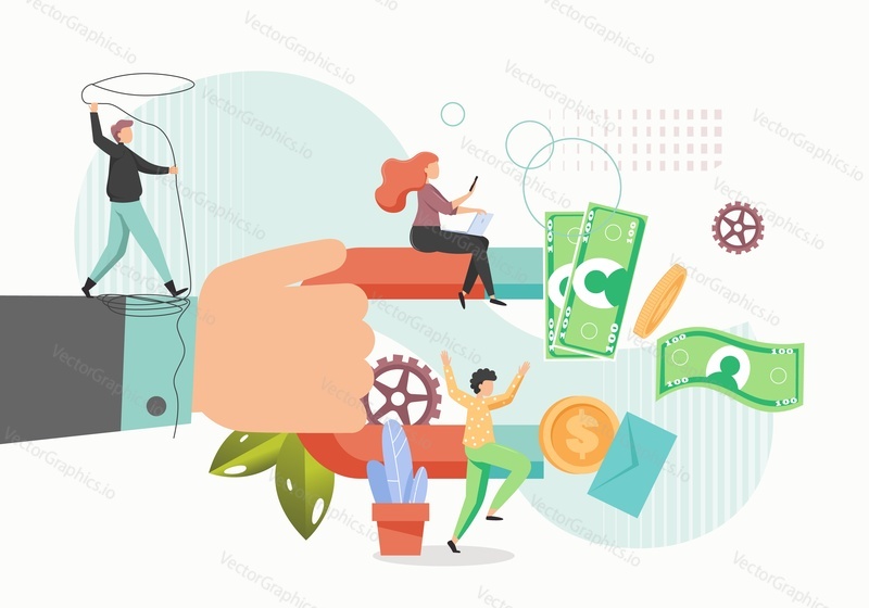 Lucky businessman hand holding magnet attracting money, vector flat style design illustration. Making money, luck, business success, magnetic wealth attraction concept.