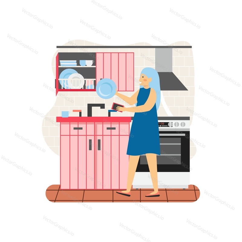 Young woman, housemaid, housekeeper, cleaning company worker, dishwasher, housewife washing dishes in kitchen, flat vector illustration. Housekeeping, home cleaning and dishwashing services.