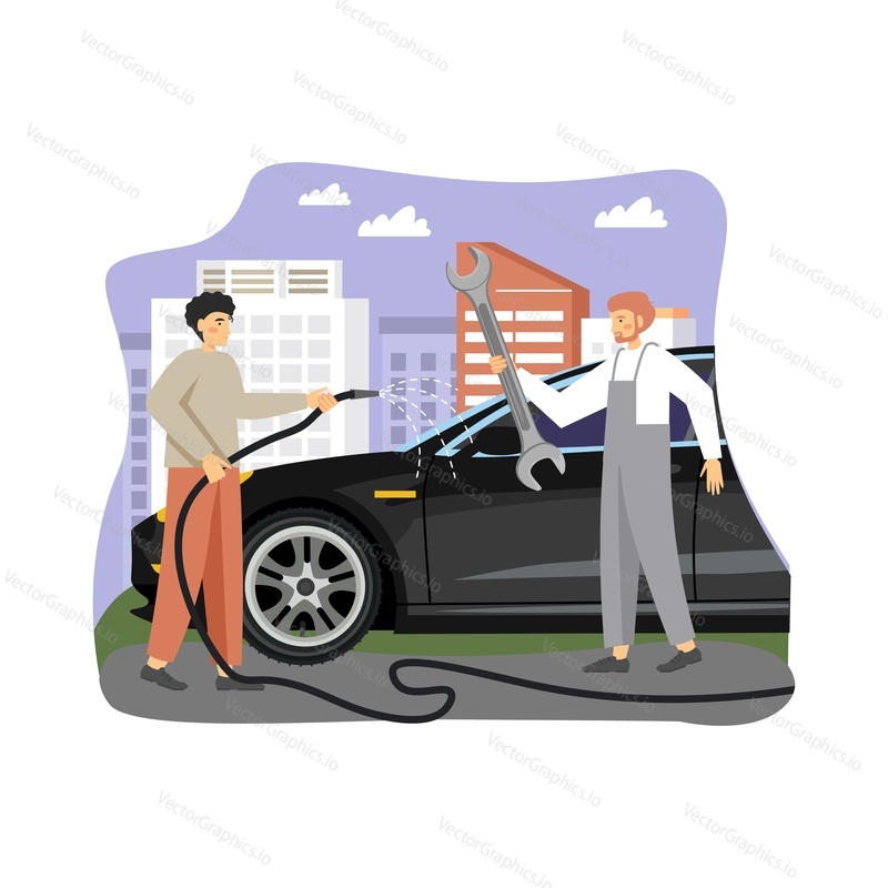 Happy man and his car, flat vector illustration. Car owner and driver male character fixing, washing his auto with water hose. People and cars concept.