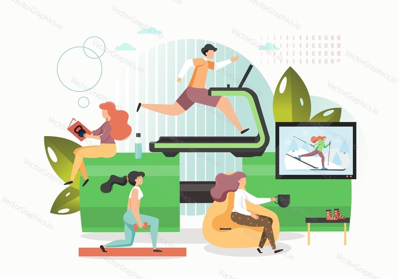 Athletes training on treadmill, with dumbbells in medical center or rehabilitation gym, vector flat illustration. Physiotherapeutic recovery after sport physical injury. Sports medicine and recovery.