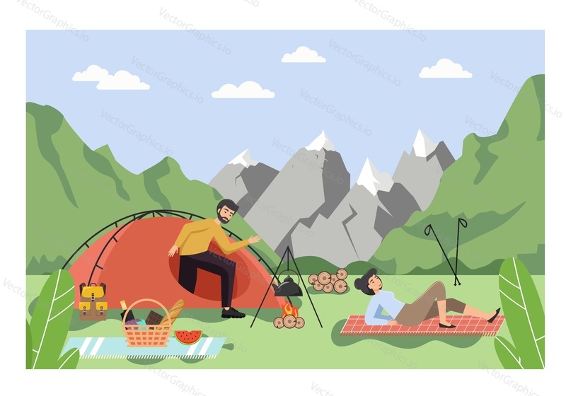 Happy couple camping in mountains, man and woman cooking food on fire near the tent. Vector flat illustration. Active outdoor tourism and adventure, hiking, travel, summer camping.