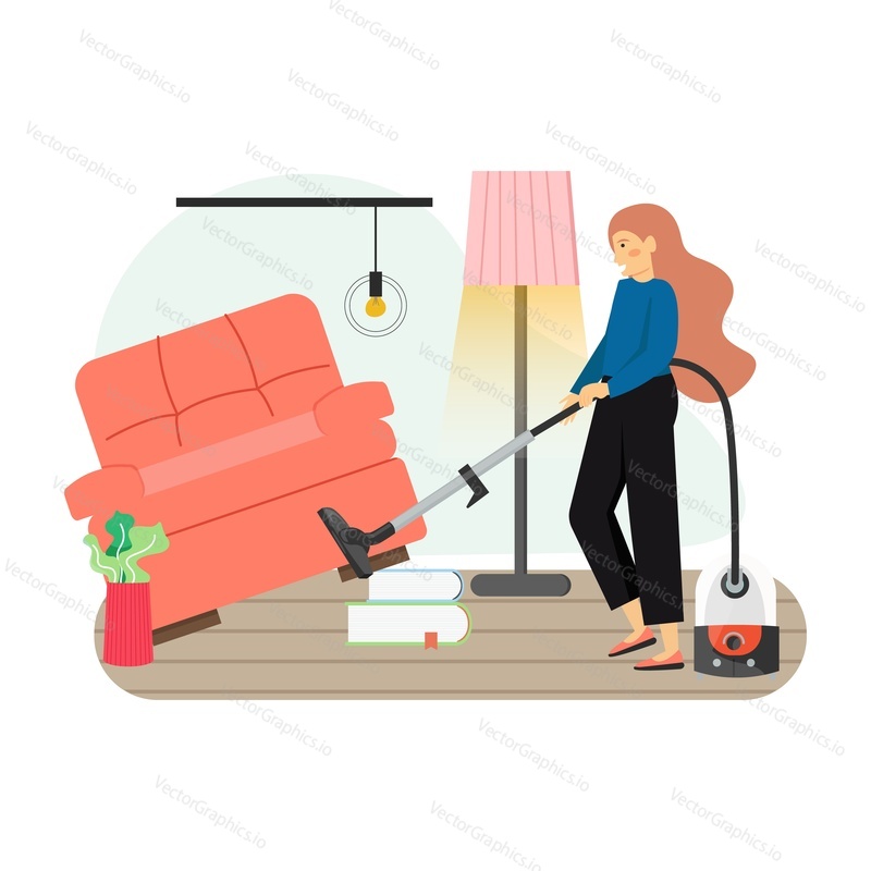 Young woman, housemaid, housekeeper, cleaning company worker, housewife vacuuming living room with vacuum and floor cleaner, flat vector illustration. Housekeeping, home cleaning services.
