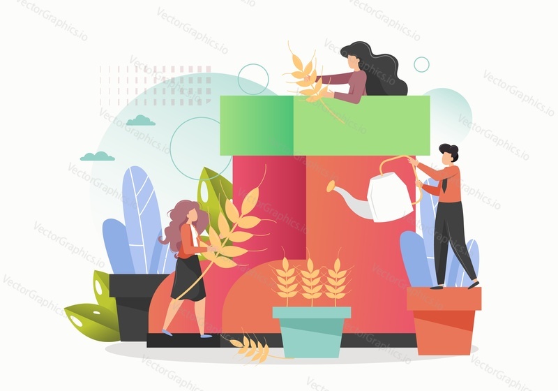 Micro characters harvesting huge wheat ears, vector flat style design illustration. People growing wheat in flowerpots. Symbol of wealth.