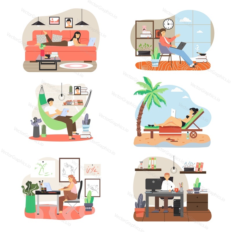 Freelance workers, male, female cartoon character set, flat vector illustration. Happy people working on computer from home office sitting at table, lying on cozy sofa, in hammock, on chaise longue.