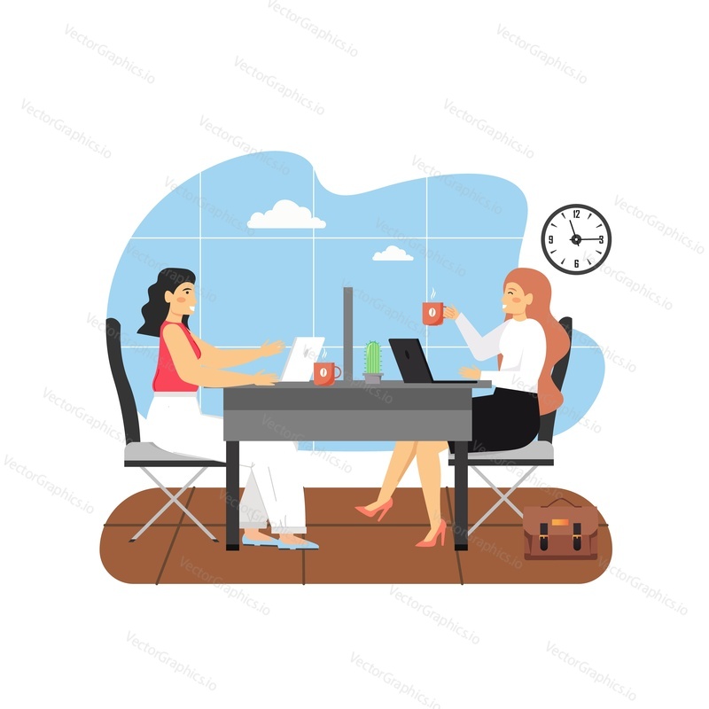 Office scene with modern workplace, two women working on laptop computers, drinking coffee and chatting sitting at table opposite each other, flat vector illustration. Office situation, coffee break.