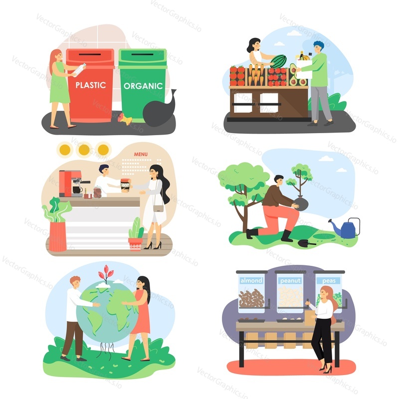 Ecologists, male and female character set, flat vector isolated illustration. People buying eco friendly foods, sorting waste for recycling, planting tree, helping to save planet and natural resources