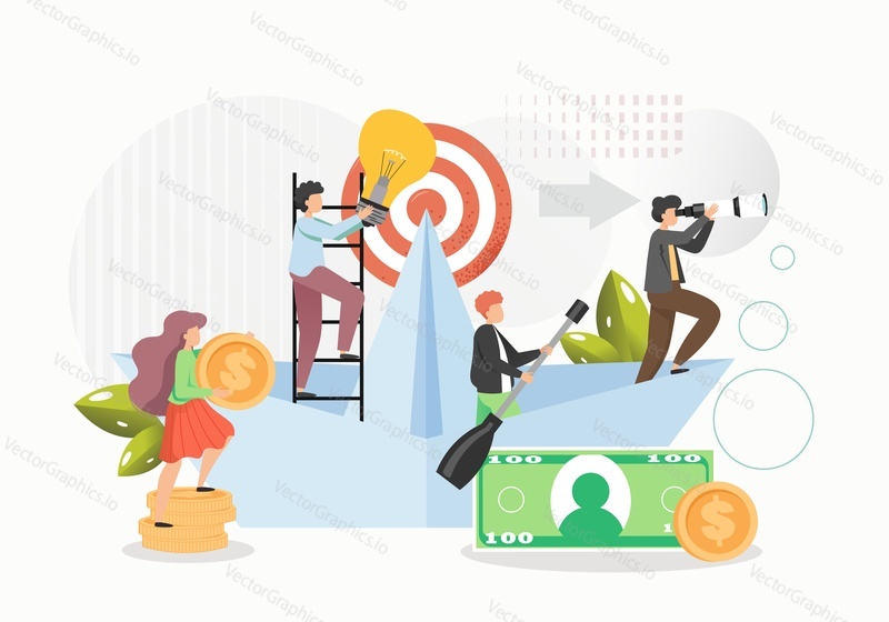 Business leader with telescope leading his team floating on water in paper boat to financial success, flat vector illustration. Financial investments in new idea, reach the target, business journey.