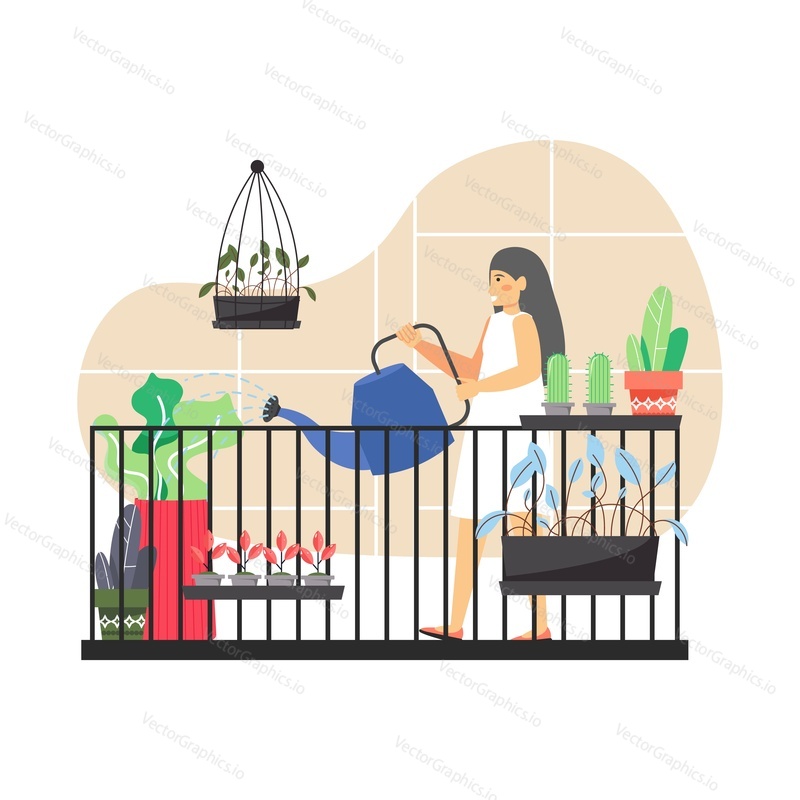 Молодая женщина, садовник поливает растения на балконе, плоская векторная иллюстрация. Девушка выращивает комнатные растения, фрукты и овощи в горшках. Озеленение балкона. Городское сельское хозяйство.