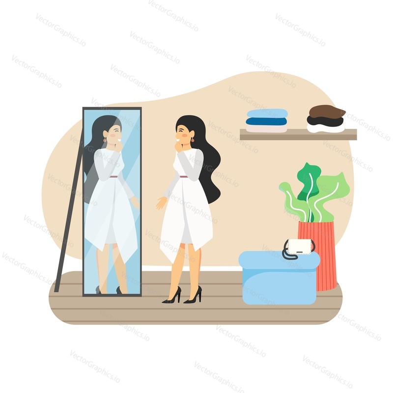 Young brunette woman trying on white dress in front of mirror in fashion boutique, flat vector illustration. Woman clothing store, beauty and fashion concept.