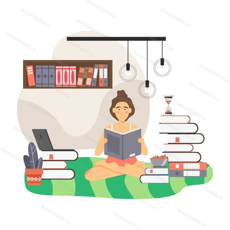 Girl reading book at home, flat vector illustration. Young woman, student studying psychology, sitting in lotus position, surrounded by piles of books. Mental health studying. Knowledge and education.
