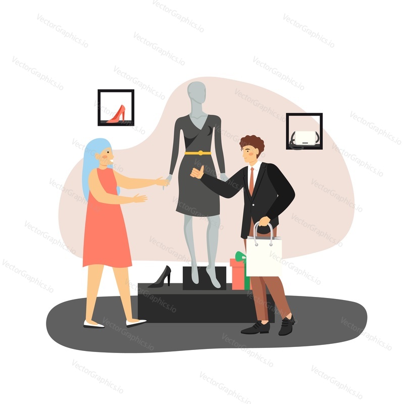 Young man buying gift for his girlfriend, black dress put on female mannequin in woman clothing store, flat vector illustration. Woman fashion boutique.