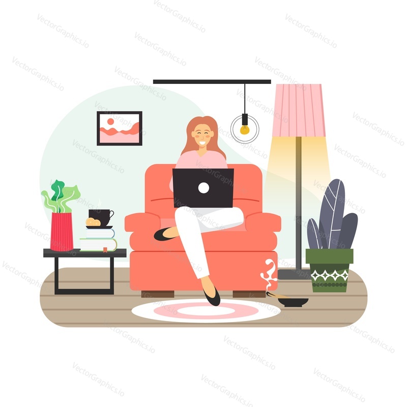Young woman studying from home. Girl sitting in armchair with laptop, flat vector illustration. Distance learning, remote education, freelance. Home schooling.
