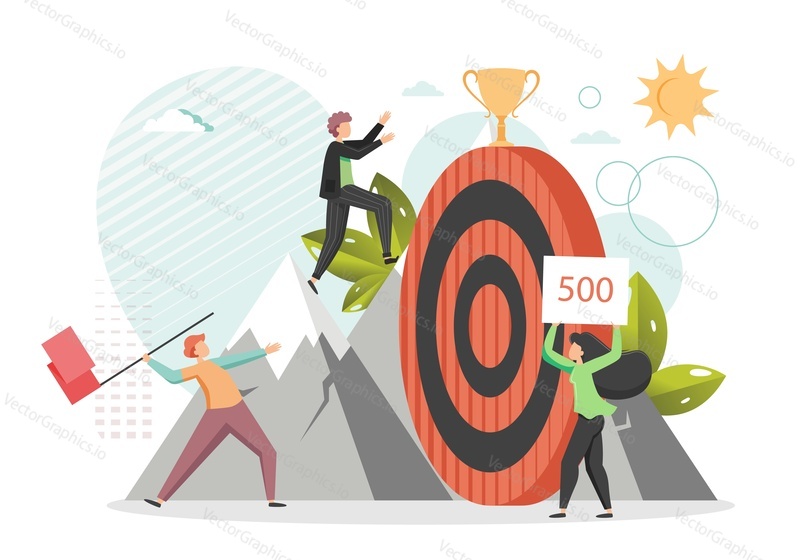 Confident businessman climbing the mountain to reach business goal trophy cup on huge target, vector flat style design illustration. Reach the target, career development, leadership concept.