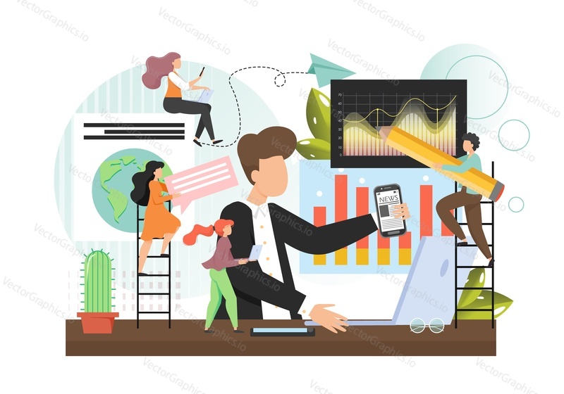 Office people, team professionals working together to achieve common goal, analysing finance graph, flat vector illustration. Effective teamwork, brainstorming, office life.