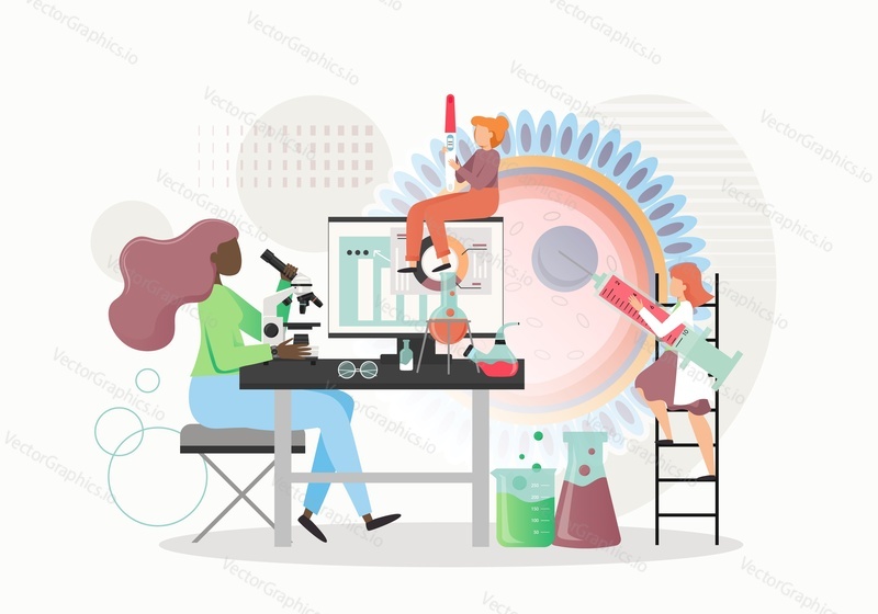 Woman getting pregnant with Eco IVF, doctor with syringe, lab specialist looking through microscope, flat vector illustration. IVF, in vitro fertilization reproductive technology.
