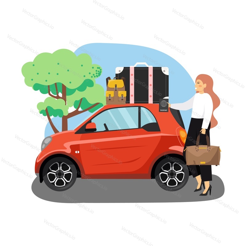 Young woman traveling by car, flat vector illustration. Happy girl with passport and bag standing next to red auto with luggage, suitcase and backpack on roof. Car trip, road travel, summer vacation.