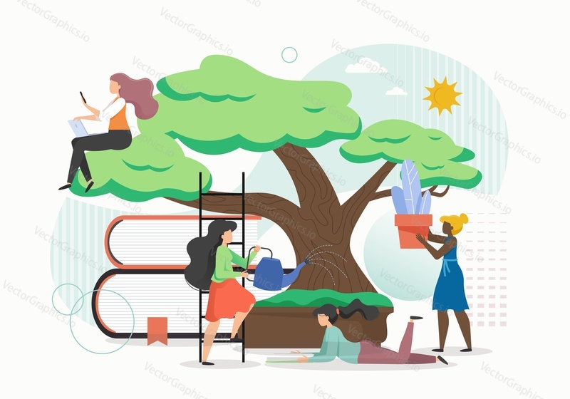 Women studying gardening online sitting on tree, reading book lying under tree, flat vector illustration. Horticulture distance learning. Science and art of growing garden and house plants.