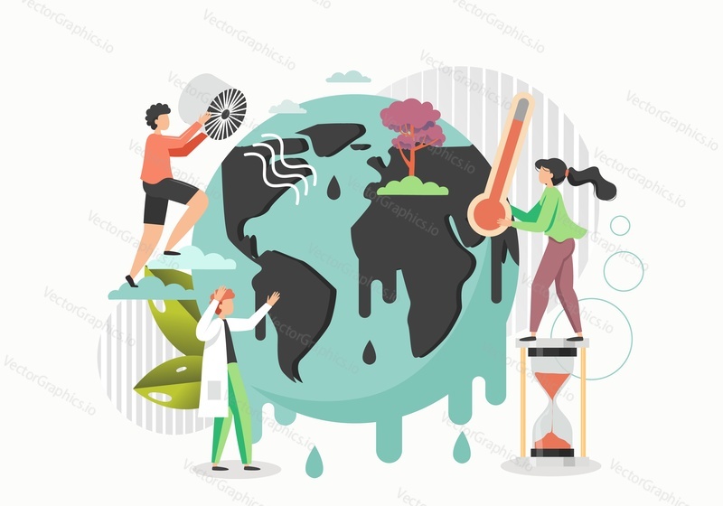 Man and woman characters saving melting planet Earth from global heating. Vector flat illustration. Global warming, climate change caused by greenhouse effect, environment pollution.