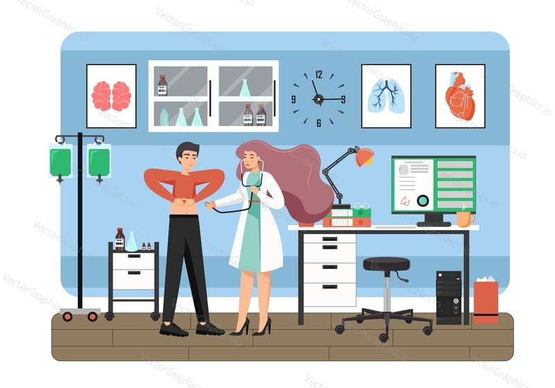 Doctor female in white coat inspecting her patient male with medical stethoscope in clinic, vector flat illustration. Medicine and healthcare, medical checkup and consultation concept.