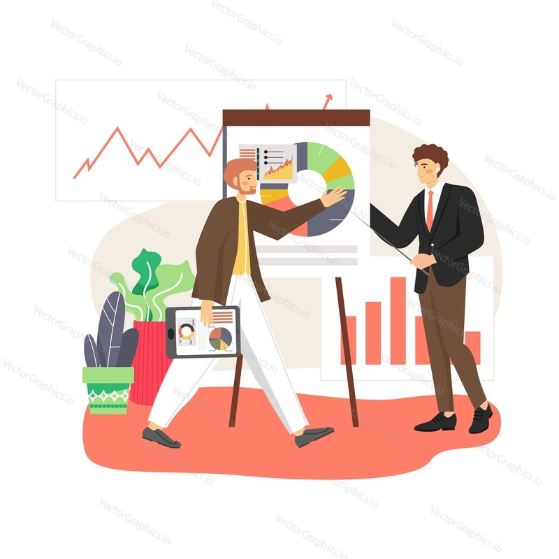 Office scene with business man giving lecture or presentation, flat vector illustration. Business people meeting, training, conference, office situation.