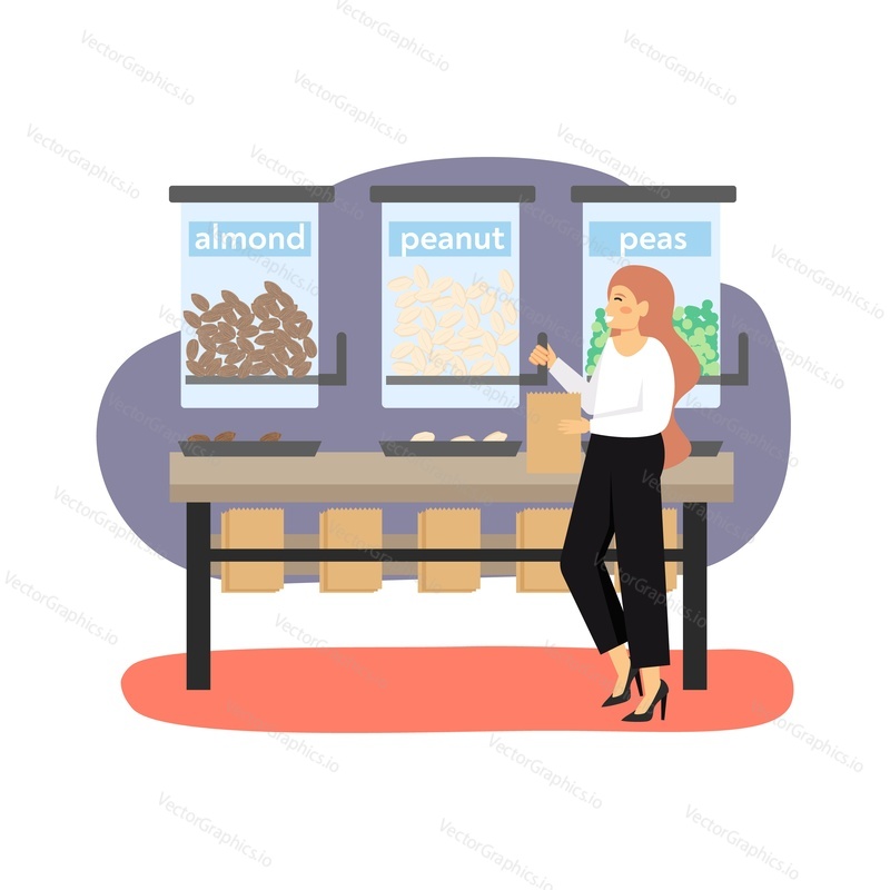 Eco friendly shop. Woman, ecologist buying peanuts, almonds and peas, flat vector illustration. Eco friendly foods, healthy eating, save environment, ecology concept.