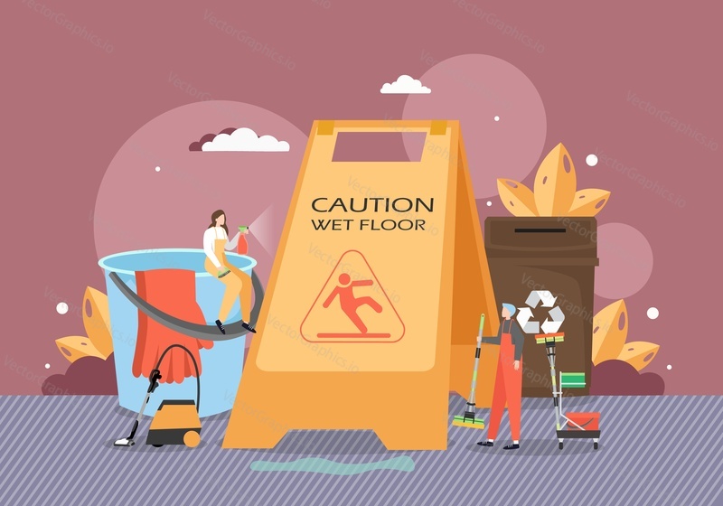 Tiny male and female characters cleaning floor with vacuum cleaner, mop, caution wet floor sign, flat vector illustration. Commercial cleaning services.