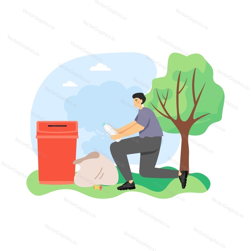 Young man, garbage collector, street cleaner collecting trash, throwing plastic bottle in garbage bag, flat vector illustration. Cleaning company services.