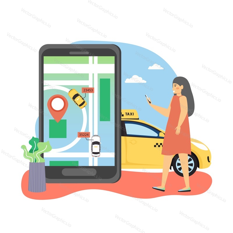 Mobile app with navigation city map and location pin on smartphone screen, woman ordering taxi online using mobile phone, flat vector illustration. Taxi cab vehicle tracking, car rental, carsharing.