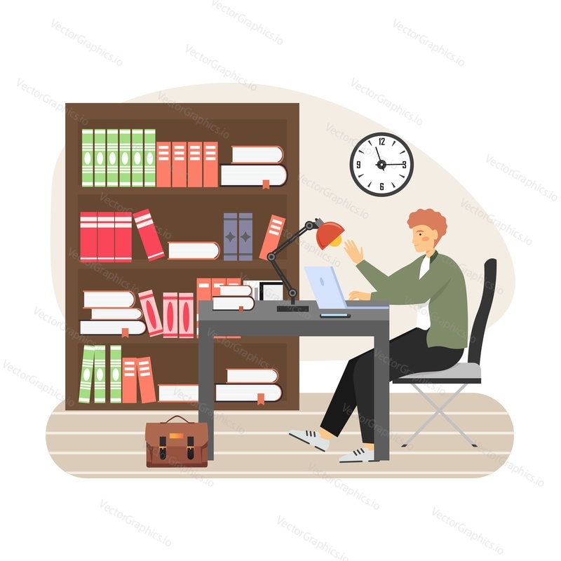 Library room interior with bookcase full of books. Young man, student studying at library, sitting at table, working on laptop, flat vector illustration. Education, knowledge.