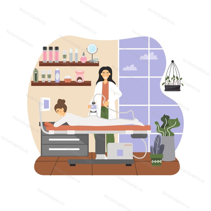 Massage therapist, female cartoon character giving anti cellulite lpg massage to woman lying on table, flat vector illustration. Beauty spa procedure, body treatment. Spa salon, beauty clinic.