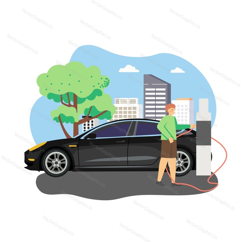 Electric vehicle charging station. Man recharging electric car with cable using energy from rechargeable battery, flat vector illustration. Eco-friendly car, ecology, environment protection.