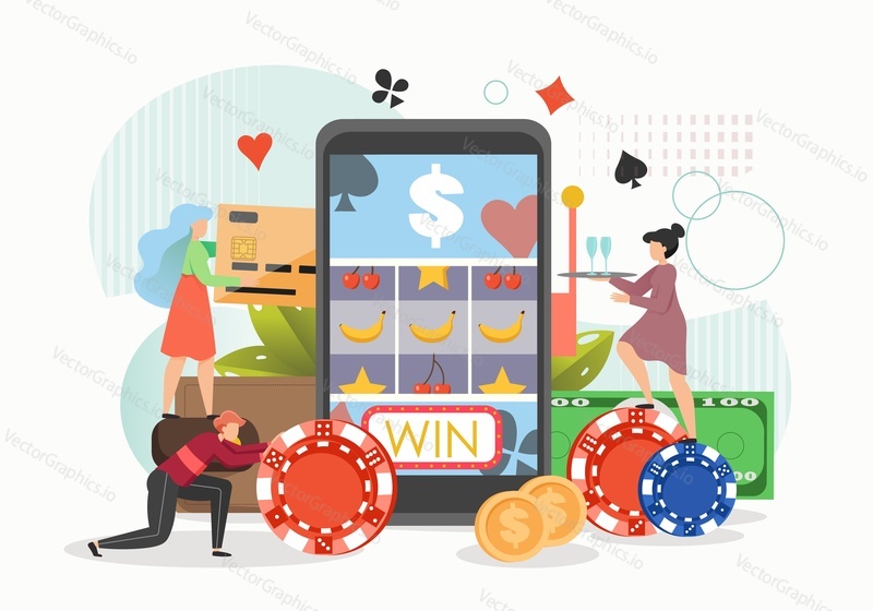 People playing casino slot machine game on smartphone, flat vector illustration. Online gambling mobile app. Online slot machine jackpot.