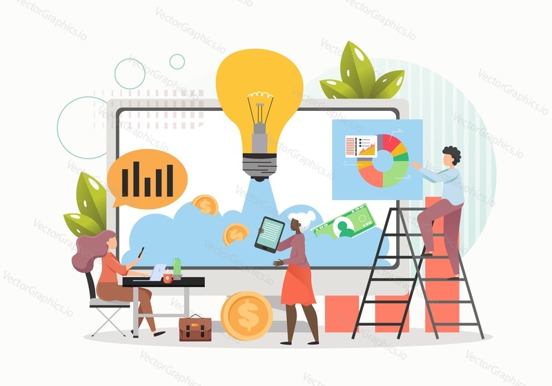 Business project startup, tiny people investing money in new creative idea, flat vector illustration. Startup investment, innovation, business team work.